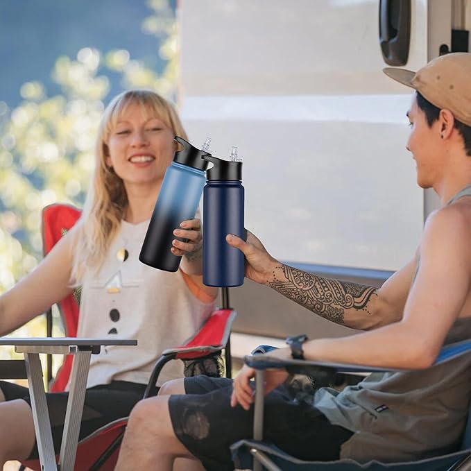 24 oz Insulated Water Bottle Bulk 8 Pack, Stainless Steel Sports Water Bottles with Straw Lid & Wide Mouth Lids, Double Walled Vacuum, Leak Proof, Blue