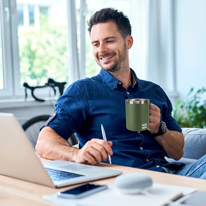 WETOWETO Coffee Mug with Handle, 14oz Insulated Stainless Steel Reusable Coffee Cup, Double Wall Coffee Travel Mug, Powder Coated Olive Green