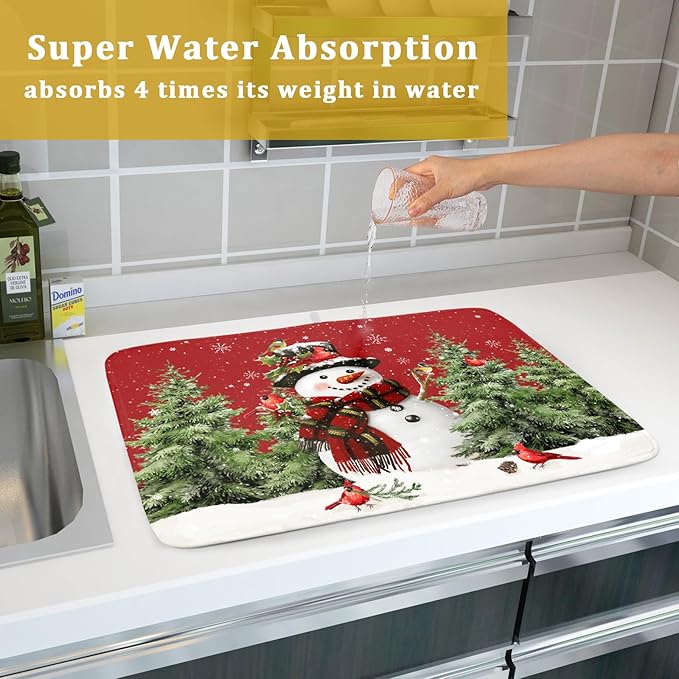 Christmas Dish Drying Mat for Kitchen Counter Snowman Green Christmas Tree Microfiber Absorbent Dish Draining Reusable Washable Foldable Extra Large 18"x24"