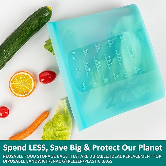 8-Pack Reusable Silicone Food Storage Bags, 100% Silicone Stand-Up Wide-Open Zip-Lock Reusable Storage Bags for Food, Freezer Microwave Oven Dishwasher Safe, Aqua, 4L 2M 2S