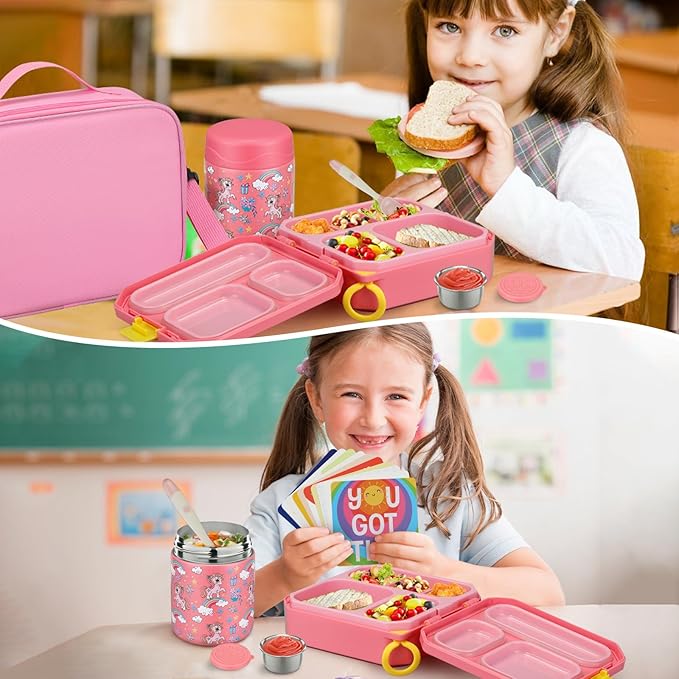 Bento Lunch Box for Kids with 12oz Soup Thermo Leak-Proof Lunch Food Container with 5 Compartment Thermo Hot Food Jar and Insulated Lunch Bag for Kid Toddler Girls Boys to School