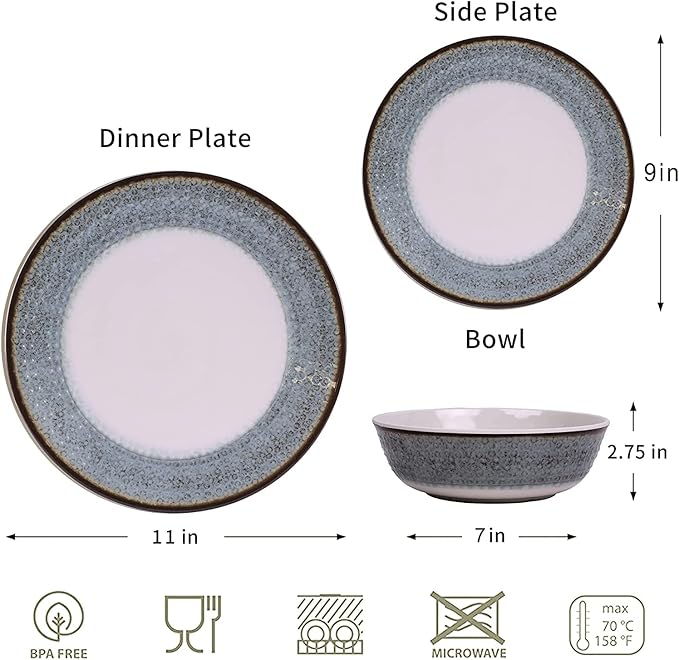 Melamine Dinnerware Sets,12pcs Plates and Bowls Sets, Melamine Dishes Set for 4, Unbreakable,Dishwasher Safe, BPA Free,Great for Indoor Use,Camping, BBQ,RV, Party,Rustic Style (Teal)