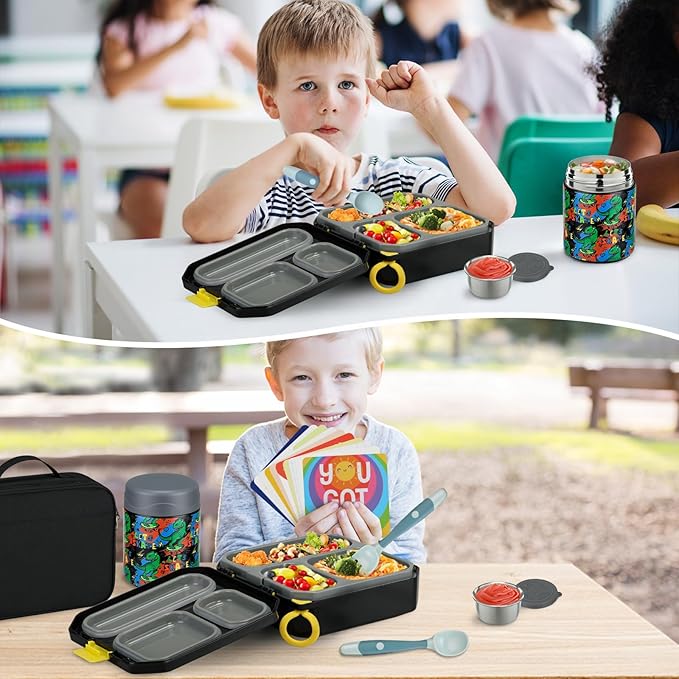 Bento Lunch Box for Kids with 12oz Soup Thermo Leak-Proof Lunch Food Container with 5 Compartment Thermo Hot Food Jar and Insulated Lunch Bag for Kid Toddler Girls Boys to School