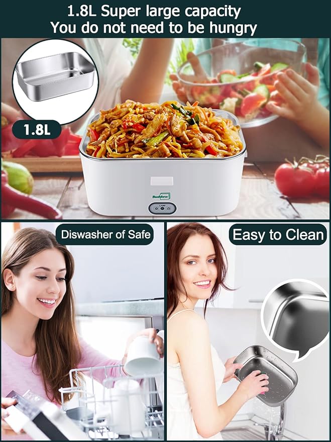 Buddew Electric Lunch Box for Adults, 80W Heated Lunch Box 1.8L Stainless Steel Portable Food Warmer,12/24/110V Lonchera Electrica Portatil for Travel & Work, Loncheras para Hombres de Trabajo(Gray)