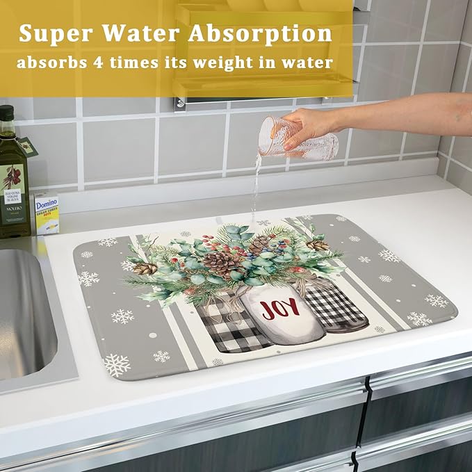 Christmas Dish Drying Mat for Kitchen Counter 18x24 Inch,Large Winter Poinsettia Berry Pinecone Grey Dish Drainer Rack Mats Heat Resistant Foldable Absorbent Draining Pad