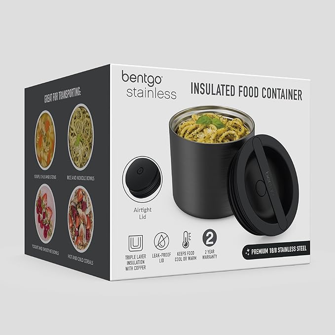 Bentgo Stainless Insulated Food Container - 2.4 Cups (19 oz), Triple-Layer Insulation, Vacuum Seal, Leak-Proof, Built-In Handle, Wide Opening, Premium Stainless Steel, for Cool/Warm Foods (Black)