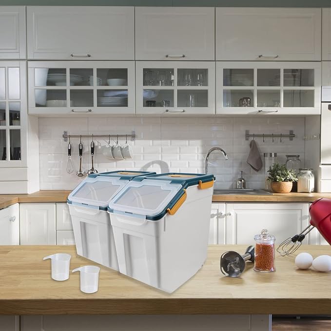 AnRui Airtight Flour Storage Container 25lb, Plastic Grain Storage Bucket, Rice Cereal Dispenser Organizer Box with Lid, Cat Dog Food Storage Bin with Measuring Cup, Scoop, Wheels, 2Pcs Blue