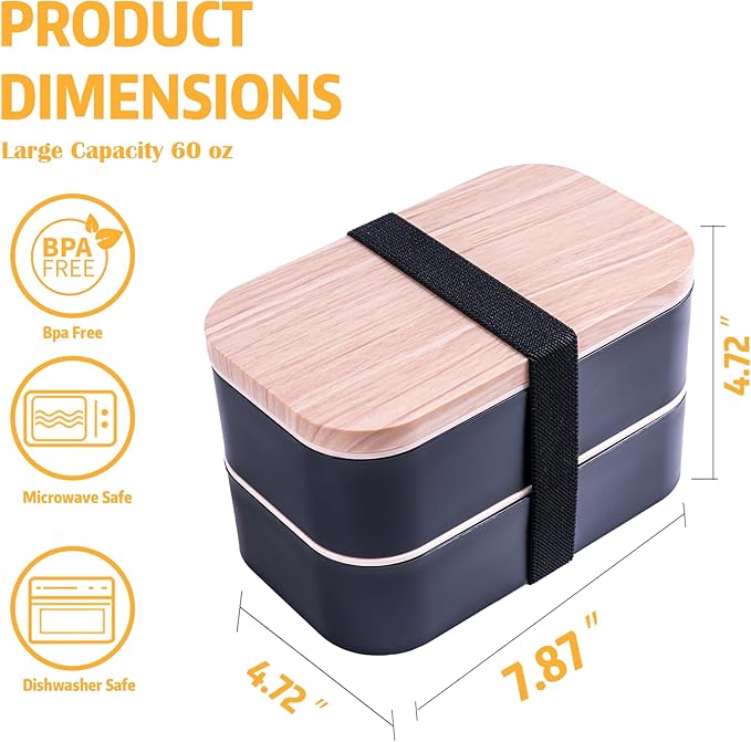 Bento Box with Lunch Bag Microwavable All-in-One Meal Prep Compartment Lunch Containers with Utensils Leak Resistant Lunch Box with Sauce Container 60oz Black