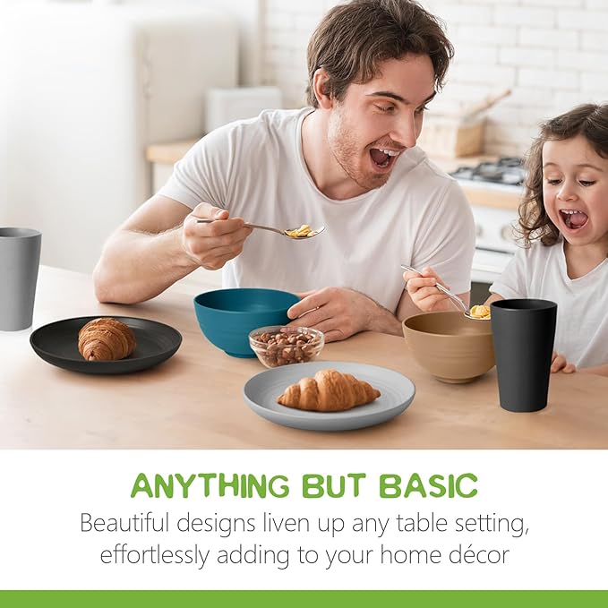 Teivio 32-Piece Kitchen Plastic Wheat Straw Dinnerware Set, Service for 8, Dinner Plates, Dessert Plate, Cereal Bowls, Cups, Unbreakable Colorful Plastic Outdoor Camping Dishes, Cerulean Hues