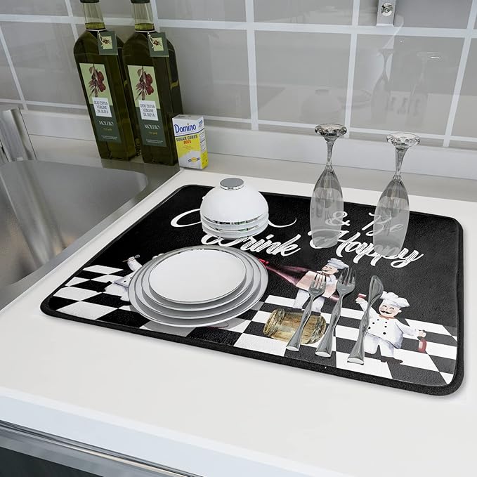 Bistro Fat Chef Dish Drying Mat 18x24 Anti Fatigue Wine Plump Italian Red Glass Drainer Mat Black White Chubby Pasta Cook Check Dishes Pad Buffalo Plaid Dish Drainer Rack Mats Kitchen Decor