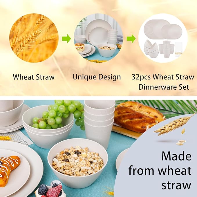 Supernal 32pcs Wheat Straw Dinnerware Sets Cream Color,Plates and Bowls Sets,Beige Plastic Dinnerware Sets, Dish Set for 8 with 25pcs Gold Napkins, Dishwasher Safe Plates