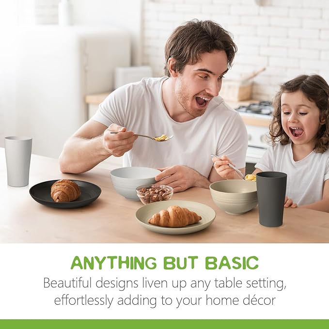 Teivio 32-Piece Kitchen Plastic Wheat Straw Dinnerware Set, Service for 8, Dinner Plates, Dessert Plate, Cereal Bowls, Cups, Unbreakable Colorful Plastic Outdoor Camping Dishes, Stone