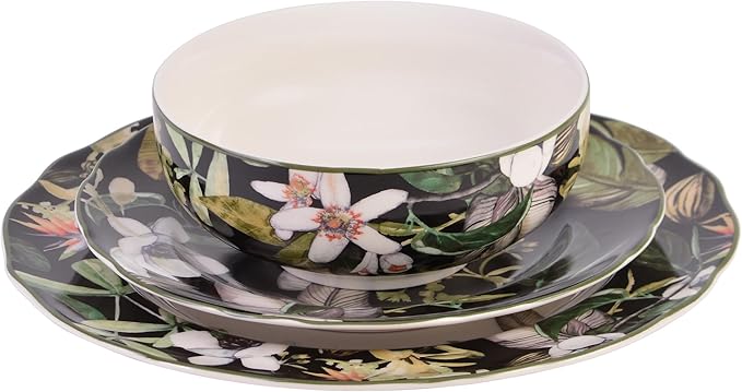 222 Fifth 12-Piece Porcelain Dinnerware Set for 4, Black & White Plates and Bowls Set with Tropical Floral Design, Glossy Ceramic Dish Set, Kitchen Tableware, Microwave & Dishwasher Safe, Borneo