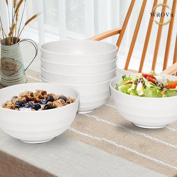 Wrova Wheat Straw Bowls Set 60 OZ, Unbreakable Large White Bowls Set of 6, Microwave and Dishwasher Safe Big Cereal Bowl for Dorm and Apartment, Salad Bowl for Serving Oatmeal and Popcorn (White)