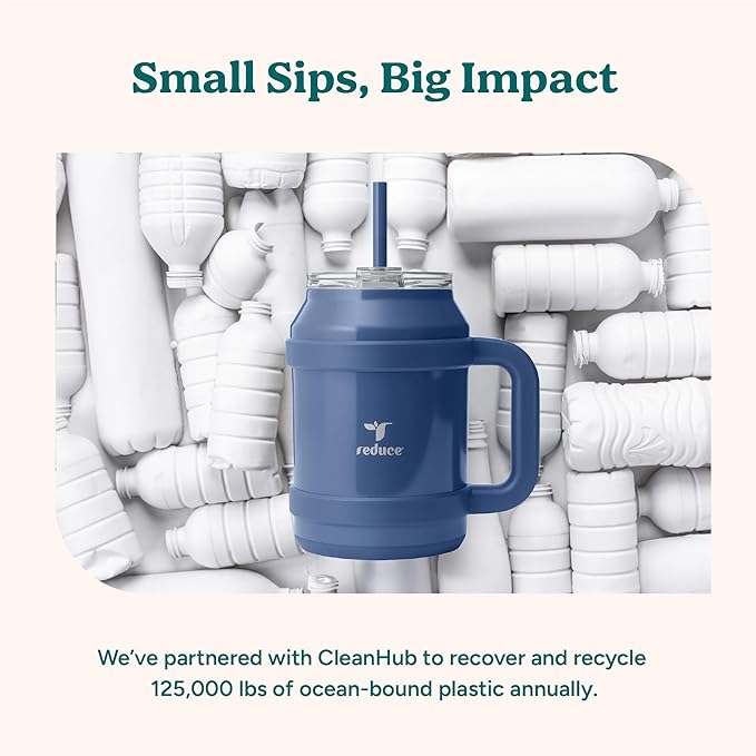 Reduce Reusable 50 oz Cold1 Water Tumbler – Ergonomic Handle – Double-Wall Insulation –Sturdy Desktop/Tabletop Mug with Lid and Straw – BPA-Free – Stainless Steel for Gym, Home, or Office–Mineral Blue