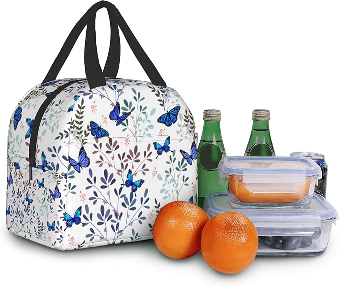 Butterfly Insulated Lunch Bag with Front Pocket,Reusable Cooler Tote with Zipper Use for Men & Women Camping/Hiking/Picnic/Beach/Travel