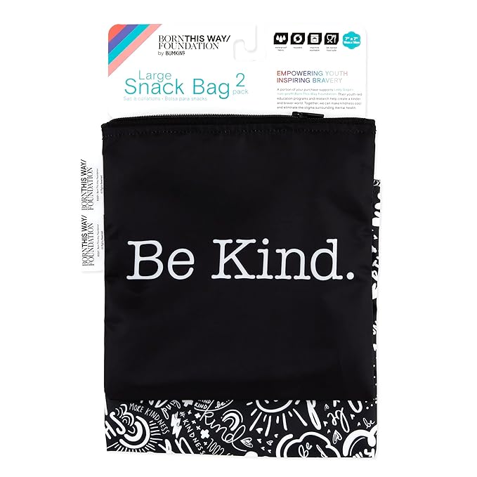 Bumkins Reusable Sandwich and Snack Bags, for Kids School Lunch and for Adults Portion, Washable Fabric, Waterproof Cloth Zip Bag, Travel Pouch, Food-Safe Storage, Large 2-pk Born This Way Be Kind