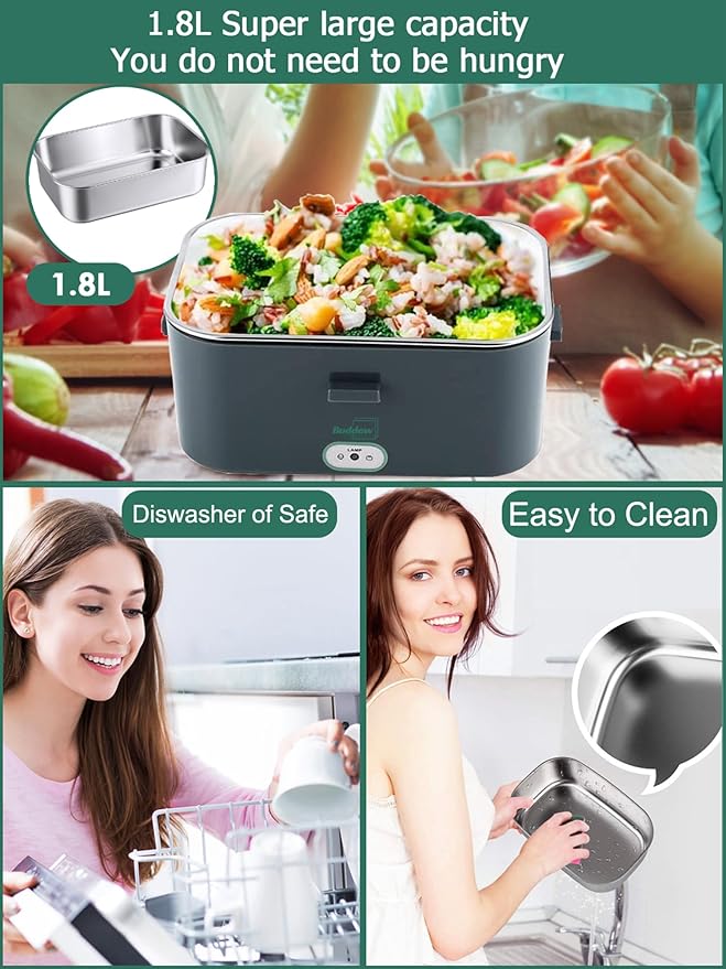 Buddew Electric Lunch Box for Adults, 80W Heated Lunch Box 1.8L Stainless Steel Portable Food Warmer,12/24/110V Lonchera Electrica Portatil for Travel & Work, Loncheras para Hombres de Trabajo