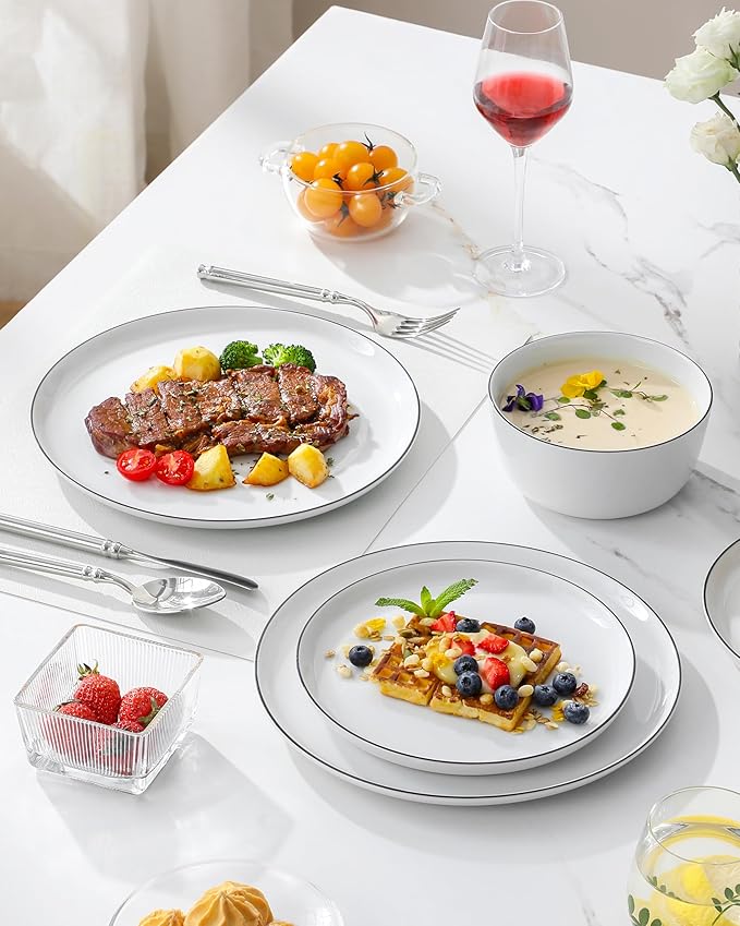 MALACASA 18 Pieces Gourmet Porcelain Dinnerware Sets, Premium Plates and Bowls Set, High-Fired Dishes Set for 6, Chip & Scratch Resistant, Microwave Dishwasher Safe, White & Black Rim, Series LEXI