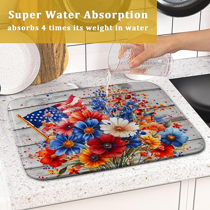 4th of July Dish Drying Mat 16x18 inch Patriotic Floral Fast Dry Microfiber Reversible Dish Drainer Rack Pad Kitchen Counter Accessories