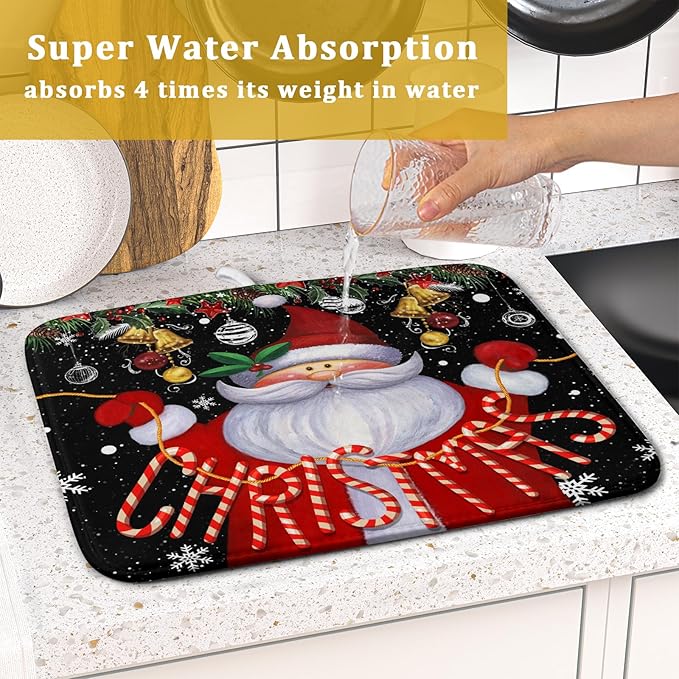 Christmas Dish Drying Mat for Kitchen Counter Santa Claus Winter Snowflake Xmas Jingle Bells Dishes Pad Dish Drainer Rack Mats Absorbent Fast Dry Kitchen Accessories,16 x 18 inch