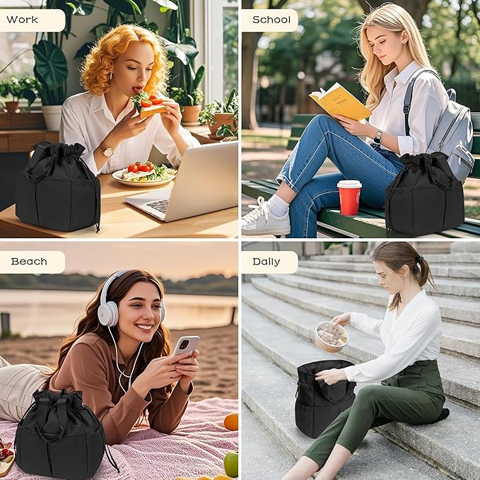 VS VOGSHOW Cute Lunch Bag Women Reusable Insulated Drawstring Lunch Bag 16 Cans Large Capacity Lunch Box for Work Picnic Outdoor (Black)