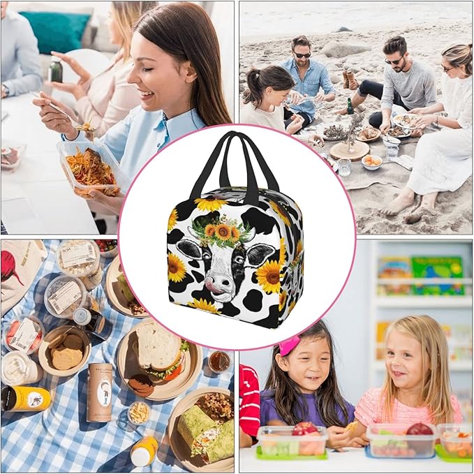 Sunflower Cow Print Portable Lunch Tote Bag Reusable Cute Lunch Box for Men or Women Perfect for office/Camping/Hiking/Picnic/Beach/Travel