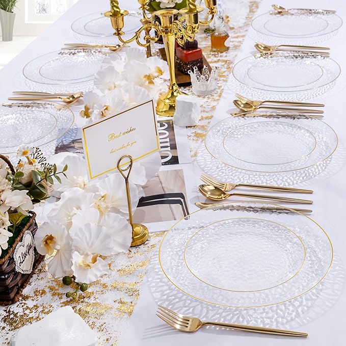 Rubtlamp 60 Pieces Gold Plastic Plates - 10 inch Clear Dinner Plates - Hammer Pattern Design - Fancy Clear and Gold Disposable Plates For All Occasions