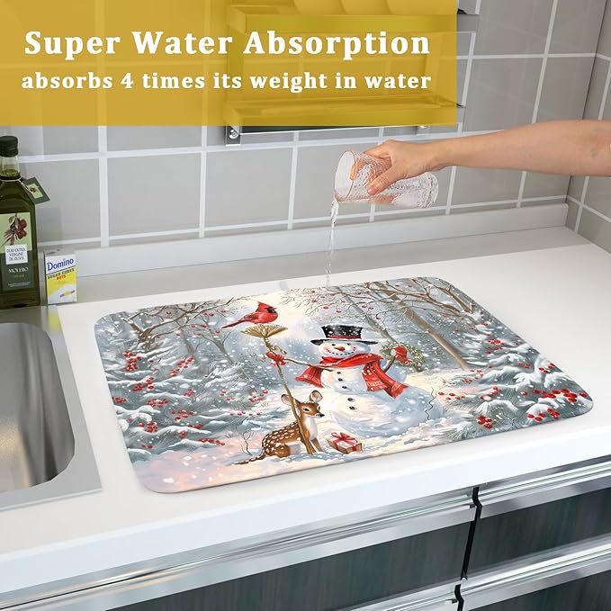 Winter Snowman Dish Drying Mat for Kitchen Counter Red Bird Berry Dishes Drainer Mats Holiday Microfiber Absorbent Dish Rack Pad 18x24 Inch