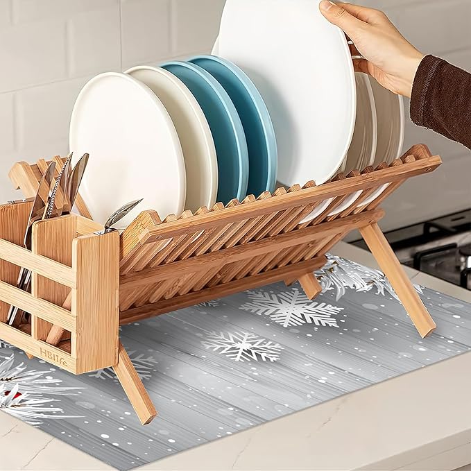 Snowflakes Dish Drying Rack Mats Decor,Christmas Silver Tree Branch Dish Pad Drying Mat Kitchen Counter 18x24 Inch Absorbent Reversible Microfiber for Coffee Bar Sink Countertop