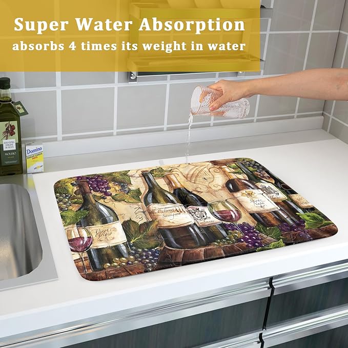 Absorbent Dish Drying Mat for Kitchen Counter 18x24 Inch Wine Dish Drying Mat Microfiber Red Wine Glass Dish Mat Drainer Rack Mats Fast Dry Bottles Dish Dry Pad Protector Kitchen Accessories
