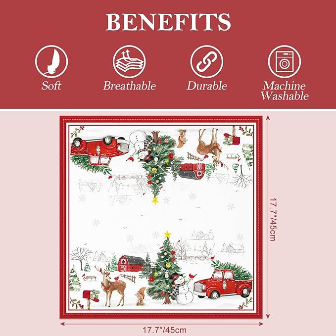 Christmas Snowman Pine Tree Napkins, 18×18 Inch Dinner Cloth Napkins Set of 12, Washable Cotton Soft Absorbent Square Table Top Decoration for Dining Kitchen Party Wedding