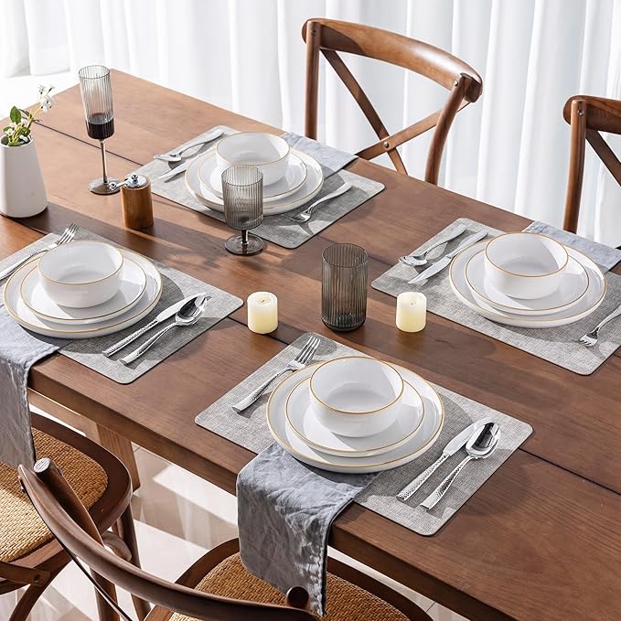 AmorArc Dinnerware Set, 12 Pieces Ceramic Plates and Bowls Set, Stoneware Plates Sets Handpainted, Dishwasher & Microwave Safe Dishes (Speckled White, Service for 4)