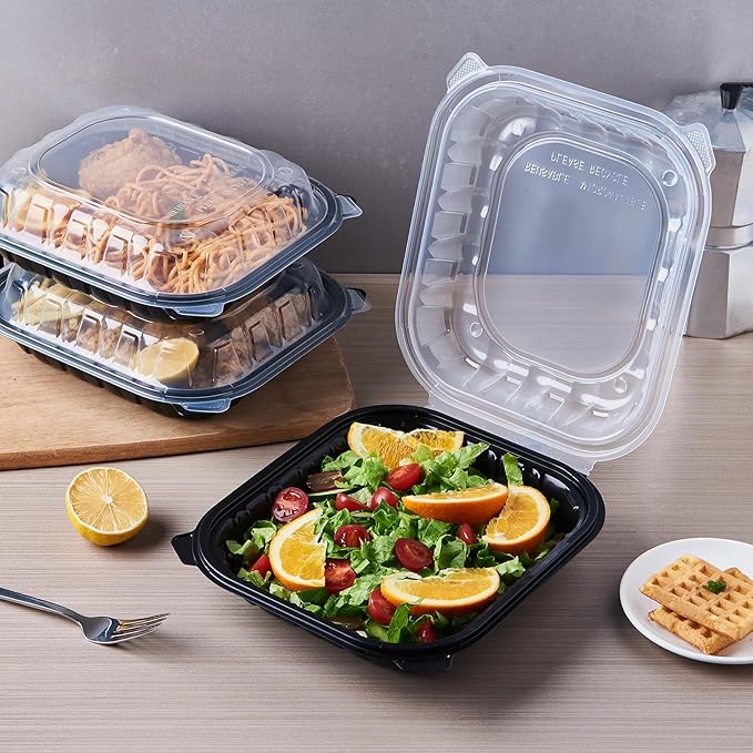 CIAO! 9"x9"x3" Polypropylene Black bottom with Clear Lid Hinged Container 1 Compartment Take Out Container, Microwavable, Recyclable and Reusable, (Case of 150)