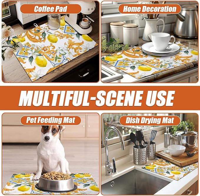 Watercolor Lemon Dish Drying Mat for Kitchen Counter Microfiber Absorbent Dish Kitchen Drying Mat Draining Reusable Washable for Dishes/Utensils/Counterto