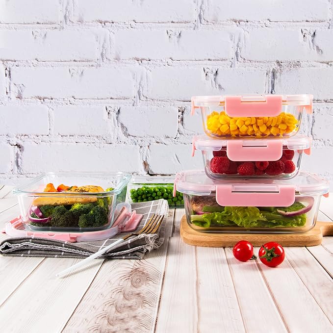 10 Pack Glass Food Storage Containers with Airtight Lids, Ideal for Meal Prep, Lunches - Microwave and Dishwasher Safe, Pink
