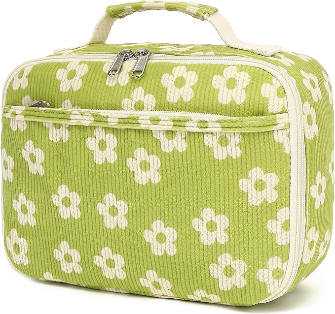 Bluboon Kids Girls Lunch Bag Insulated Lunch Box for school Corduroy Lunch Cooler Organizer School Kids Lunch Tote (Corduroy-Brown) (Beige Flower Green)