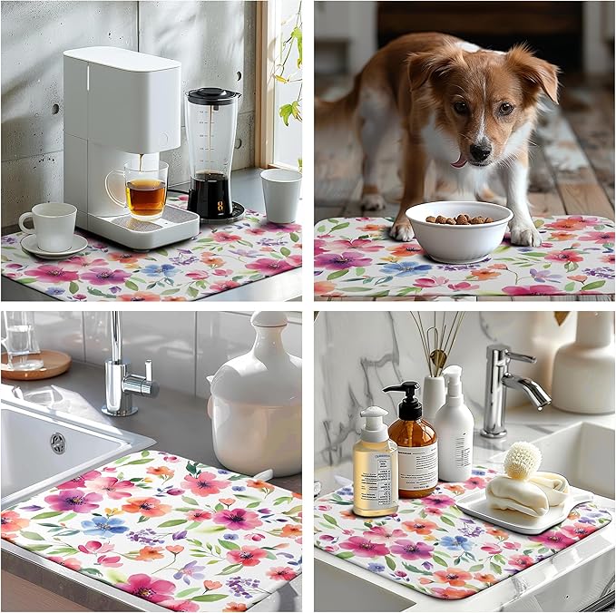 Spring Floral Dish Drying Mat Flowers Summer Kitchen Mat Dish Drying Pad Absorbent Dish Dryer Mat for Kitchen Countertops Microfiber Dishes Drainer Pad Dish Drying Rack Mat (18x24 in)