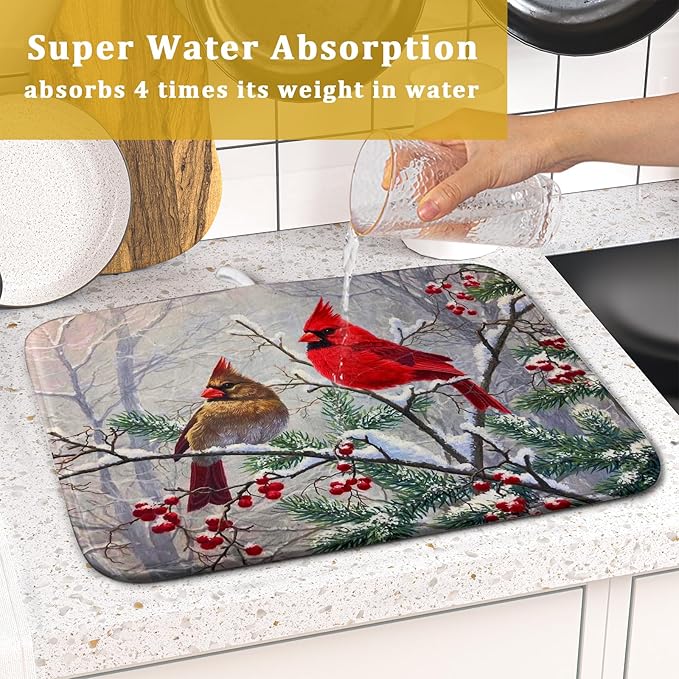 Red Bird Dish Drying Mat Merry Christmas Dishes Pad Absorbent Fast Dry Dish Drainer Mat Protector for Kitchen Counter 16 x 18 Inches