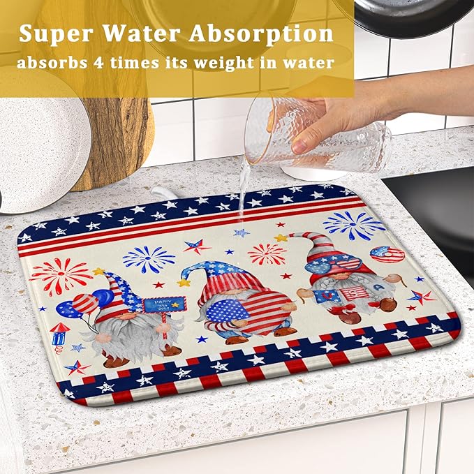 American Gnomes Dish Drying Mat 16x18 for Kitchen Counter, Patriotic Independence Day Decor, Happy 4th of July Microfiber Dishes Drainer Mats Absorbent Foldable Holiday Decor