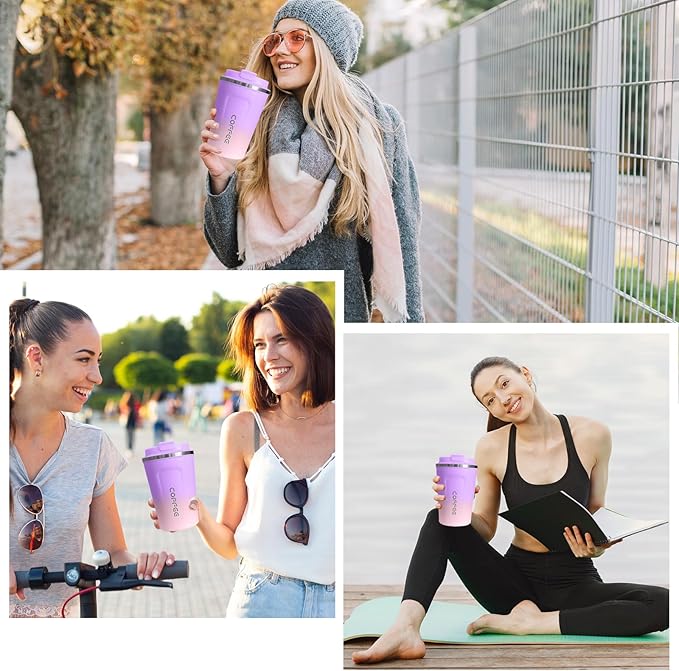 Travel coffee mugs leak-proof, reusable coffee cups with lids, stainless steel vacuum thermos coffee tumblers,thermal insulation cups for men and women hot & cold drinks (2nd-Purple Pink, 12OZ)