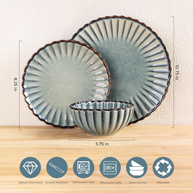 GBHOME Stoneware Dinnerware Sets for 4,Handcrafted Embossed Design Reactive Glaze Ceramic Plates and Bowls, Dishwasher and Microwave Safe, Service for 4(12pcs) (Space Blue, Service for 4)