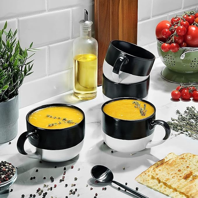 Set of 4 Jumbo 18oz Wide-mouth Soup & Cereal Ceramic Coffee Mugs (Blue and White)