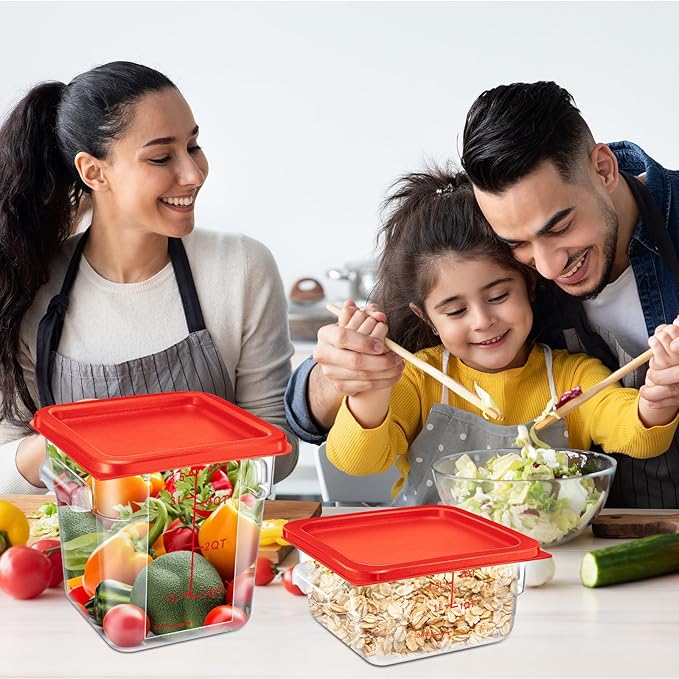 Suclain 8 Pcs Food Storage Container with Lids Set 2qt and 4qt Square Clear Commercial Containers with Scales Handles for Home Restaurant Kitchen Food Storage, Marinating Meat, Proof Dough (Red)