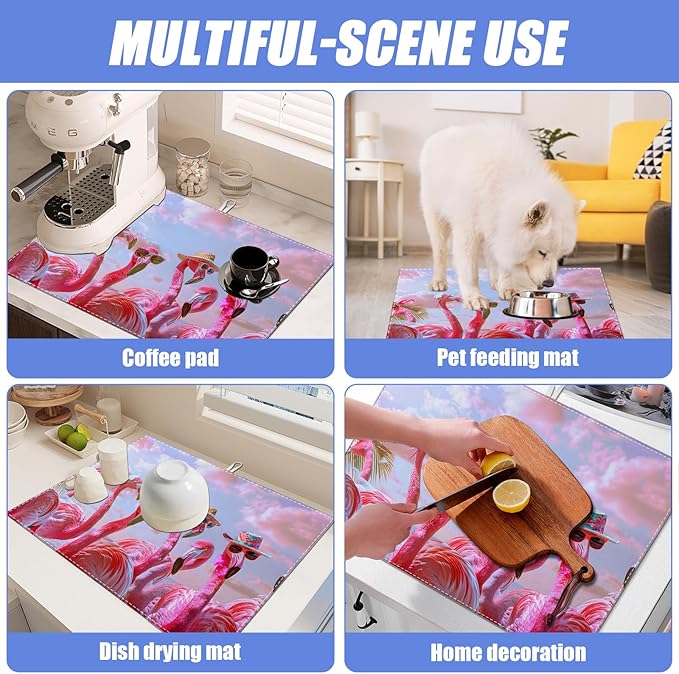 Spring Summer Flamingo Dish Drying Mat for Kitchen Counter Drying Pad Absorbent Reversible Dish Drainer Rack Mats Draining Pad 18"x24"Inch