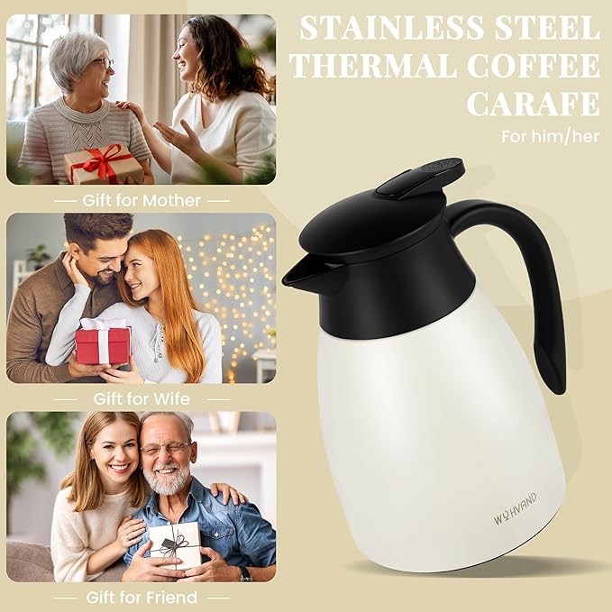 34 Oz Thermal Coffee Carafe, Stainless Steel Insulated Vacuum coffee crafts to keep coffee hot, 1 Liter Tea Water Coffee and Beverage Dispenser (Cream)