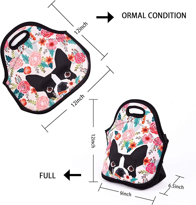 Boston Terrier Dog Florals Lunch Bag Cute Pug Lunch Bags for Women Kids Girls Men Teen Boys Insulated Waterproof Lunch Tote Colorful Flower Printed Box for Work Travel and Picnic