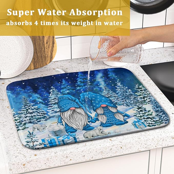 Winter Blue Gnome Dish Drying Mat for Kitchen Counter Pine Tree Microfiber Dish Pad Absorbent Reversible Fast Dry Draining Mats 16x18 Inch