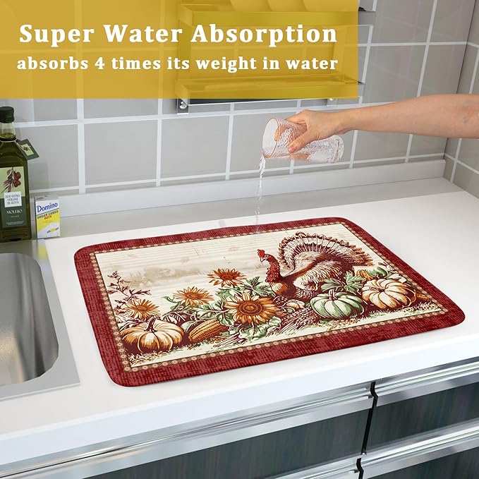 Rustic Turkey Dish Drying Mat for Kitchen Countertop 18x24 inch Fall Thanksgiving Pumpkin Sunflowers Harvest Dish Drainer Mats Fast Drying Farmhouse Country Style Dish Drying Pad Holiday Decor Large