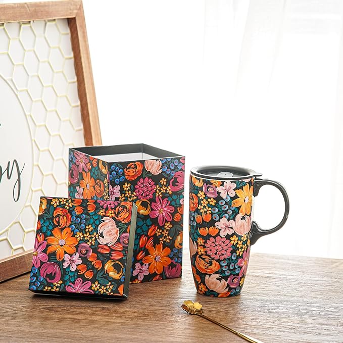 Topadorn Ceramic Mugs Porcelain Latte Tea Cup Coffee Mug with Gift Box,17oz. Flowers